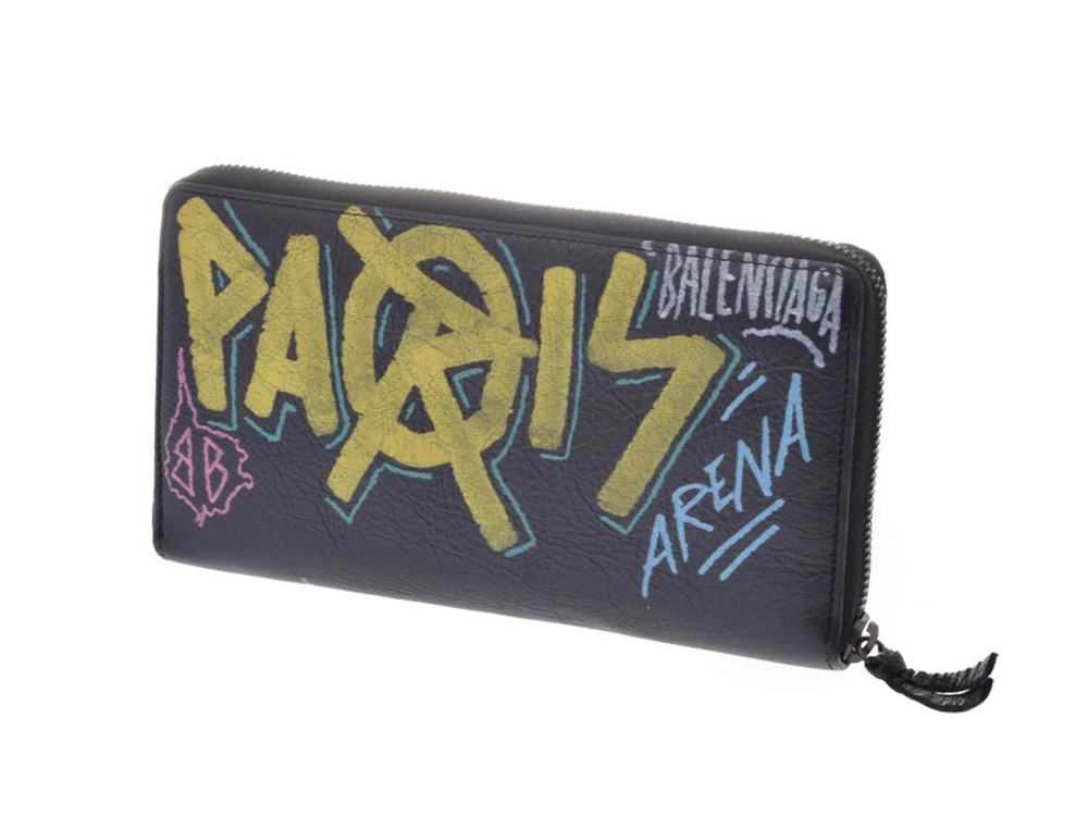 Balenciaga Black Zippy Wallet Lambskin Graffiti Long Black